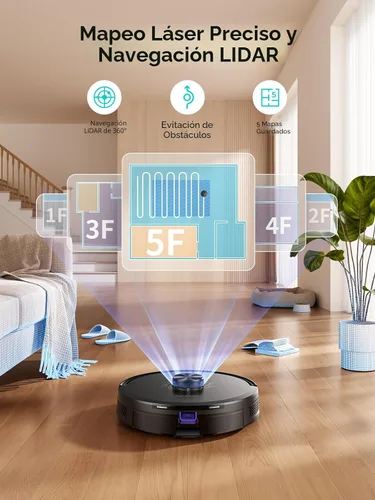 Vista 4 de Robot aspirador y trapeador, robot aspirador mejorado sin bolsa con vaciado automático, aspiradora robótica de 6000 Pa con navegación LiDAR, mapeo
