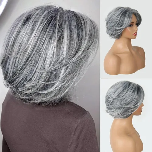 Vista 9 de Aisaide Peluca Corta de Corte Pixie Gris Platino con Flequillo de Cortina Bob para Mujeres - Peluca Sintética con Raya Lateral Despeinada