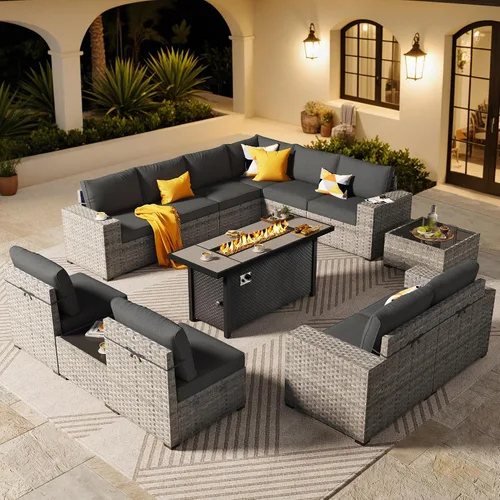 Vista 22 de ovios Juego de muebles de patio de 6 piezas, sofá seccional de mimbre para exteriores con mesa auxiliar, cómodos cojines, moderno sofá modular Beige