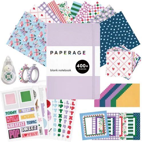 Vista 13 de PAPERAGE Kit de diario de viñetas, juego de diario punteado y kit estacionario, cuaderno de tapa dura con puntos (rubor), 12 bolígrafos finos, 8