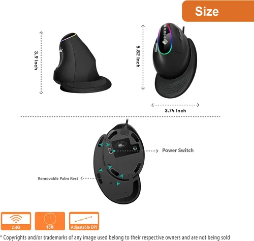 Vista 2 de J-Tech Digital Mouse ergonómico con conexión con cable, reposamanos extraíble, botones de pulgar, 800, 1200, 1800, 3200 DPI compatible con Windows