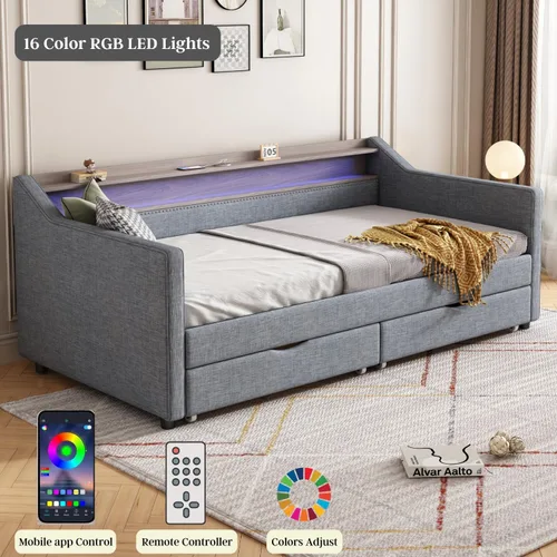 Vista 5 de Sofá cama individual con 2 cajones de almacenamiento, cama tapizada con LED y estación de carga USB para sala de estar, dormitorio, habitación