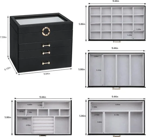 Vista 6 de V-LAFUY Joyero organizador de joyas para mujer, joyero con tapa de vidrio transparente de 4 niveles con 3 cajones, regalo para mujeres y niñas, tapa