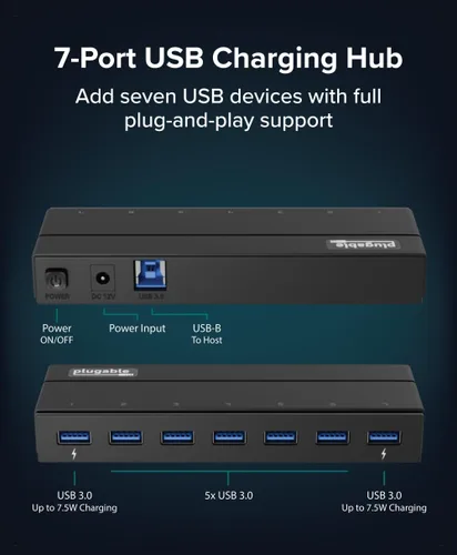 Vista 2 de Plugable Concentrador USB 3.0 de 7 puertos con adaptador de corriente de 36 W - Sin controlador - Conecta dispositivos y transfiere datos sin