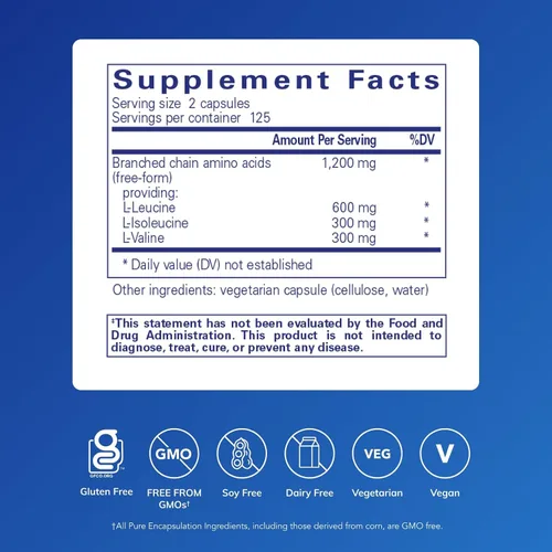 Vista 2 de Pure Encapsulations BCAA Cápsulas Suplemento hipoalergénico para apoyar la función muscular durante el ejercicio* 250 cápsulas