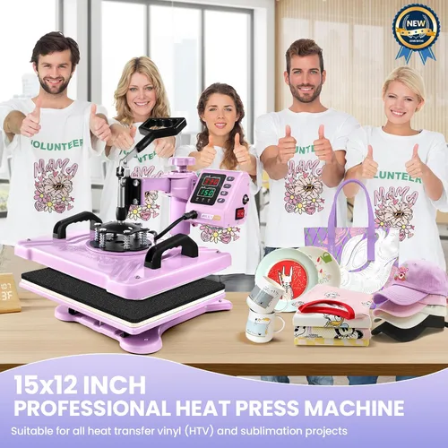 Vista 7 de AKEYDIY Prensa de calor, máquina de prensa de camisetas 5 en 1 de 15 x 12 pulgadas, máquina de transferencia de calor industrial digital de 360°
