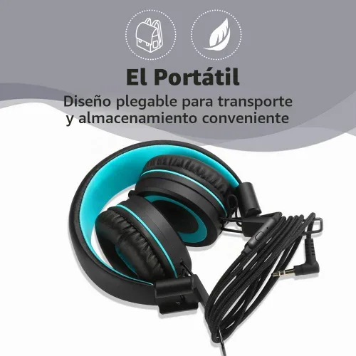 Vista 4 de POWMEE M3 - Auriculares para niños con micrófono, ligeros, plegables, ajustables, estéreo, con graves con cable de 4.3 ft sin enredos para Negro