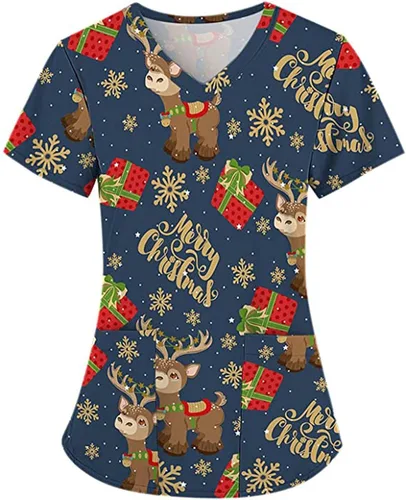 Vista 5 de Camisetas médicas de Feliz Navidad para mujer, camisas médicas de hospital, cuello en V, manga corta, uniformes de trabajo impresos