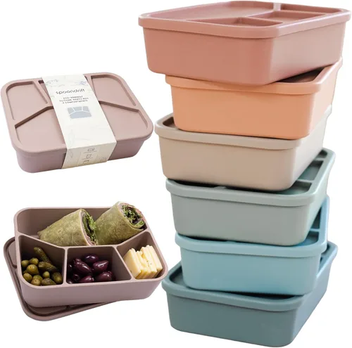 Vista 12 de Spoondrift Lonchera Bento de silicona 100% ecológica de grado alimenticio, a prueba de fugas, para niños y adultos, 4 compartimentos, elige entre 6