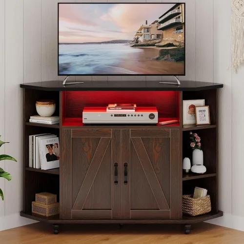 Vista 7 de 4 EVER WINNER Soporte de TV esquinero, gabinete de TV esquinero estilo granja con luces LED para TV de 50 pulgadas, estantes ajustables, soporte
