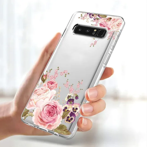 Vista 4 de Funda para Samsung Galaxy Note 8, flor de rosa transparente, parachoques flexible TPU cubierta de silicona de goma suave, protección a prueba