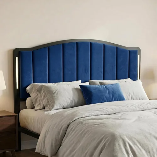 Vista 9 de Cabecero tapizado para cama matrimonial con luces, color negro Negro Terciopelo