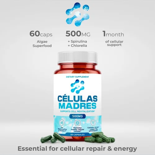 Vista 5 de Suplementos de células madre de 500 mg (60 cápsulas) Natural Anti-Envejecimiento y Longevidad Apoyo con Espirulina y Clorella, Impulsa la Renovación