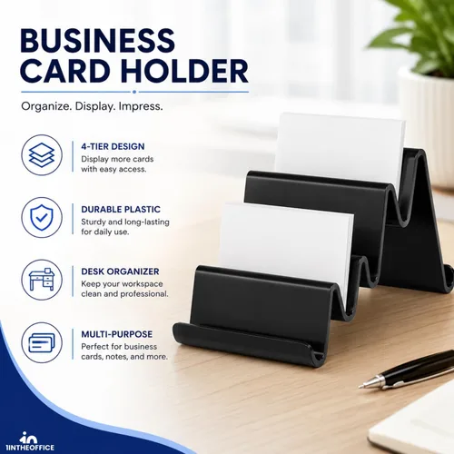 Vista 2 de 1InTheOffice Tarjetero de plástico para escritorio, 4 compartimentos, soporte para tarjetas de varios niveles, color negro