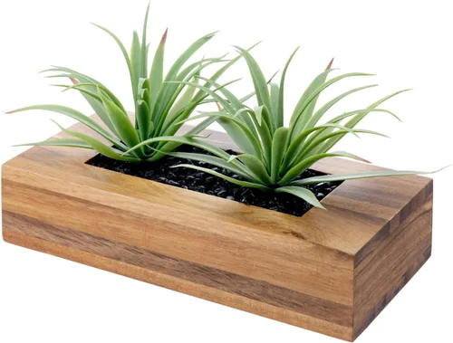 Vista 8 de MyGift - Grandes plantas artificiales de césped verde en maceta de 14 pulgadas en caja de madera maciza de acacia premium rectangular, centro