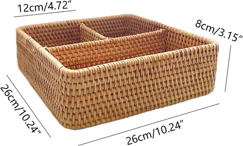 Vista 2 de i-lan Caja de almacenamiento tejida a mano de ratán con 3 compartimentos, 10.6 x 10.6 x 4 pulgadas, cesta dividida para servir botellas y utensilios
