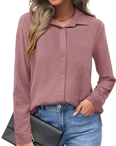 Vista 14 de AUSELILY - Camisas con botones para mujer, manga larga, cuello con botones, blusas casuales para el trabajo y negocios, túnicas