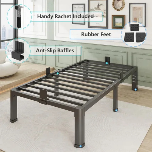 Vista 4 de Firpeesy 14 Inch Twin Size Bed Frame, Sturdiness Metal Twin Platform Bed Frame with Storage, No Box Spring Needed, Noiseless, Ease of Assembly