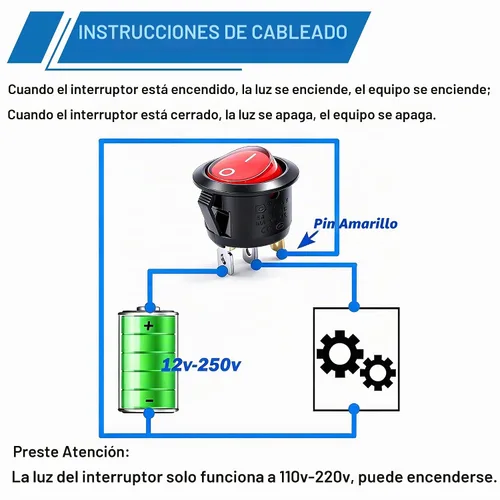 Vista 4 de mxuteuk 5 unids Snap-in AC110/120V Interruptor basculante redondo iluminado Interruptor de alimentación de palanca de barco Luz roja SPST ON-Off 3