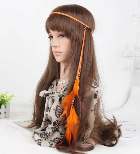 Vista 9 de Jumwrit Diadema de plumas bohemias, diadema india hippie gitana, tocado con borlas de plumas negras, cuerda de cáñamo con cuentas, accesorios