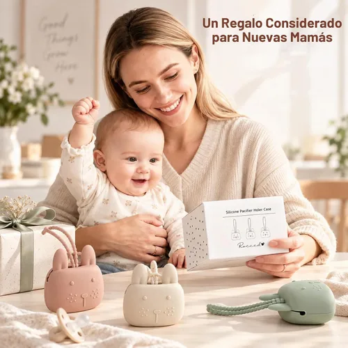 Vista 6 de ROCCED Funda de silicona para chupetes con diseño de conejito con correa de silicona suave, almacenamiento de viaje para cochecito y bolsa