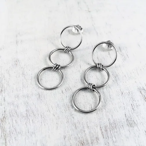 Vista 3 de Handmade Sterling Silver 925 Triple Open Circle Link Dangle Stud Post Earrings, Light Weight Three Ring Geometric Design, Polished finish