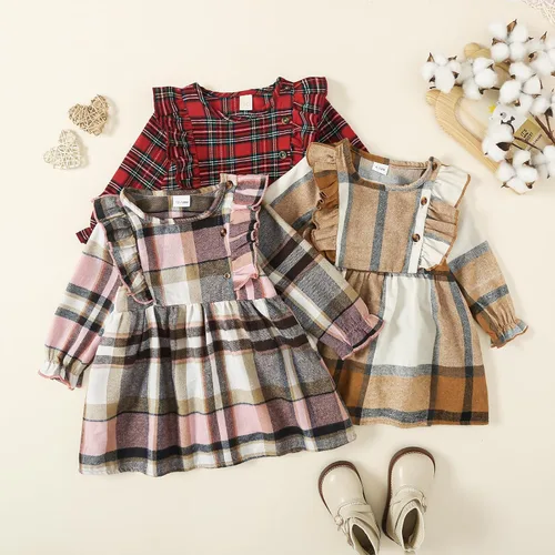 Vista 2 de Vestido de Navidad para niña, vestido de manga larga a cuadros, vestido de Navidad para niña