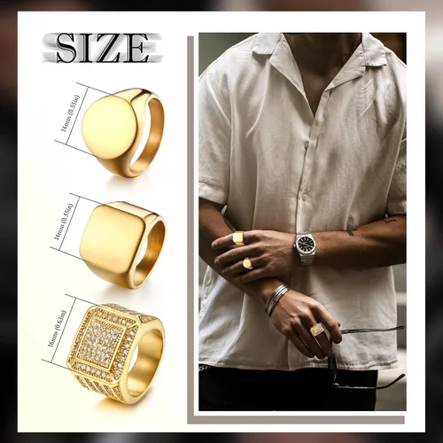 Vista 2 de Dochais 3 anillos de sello para hombres y mujeres, anillos chapados en oro de 14 quilates, anillos de acero inoxidable para hombres, anillos de oro