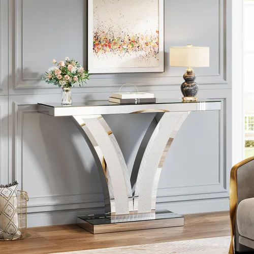Vista 3 de Tribesigns Mesa de consola con espejo, moderna mesa de sofá de entrada plateada con marcos de incrustaciones de cristal para sala de estar, pasillo