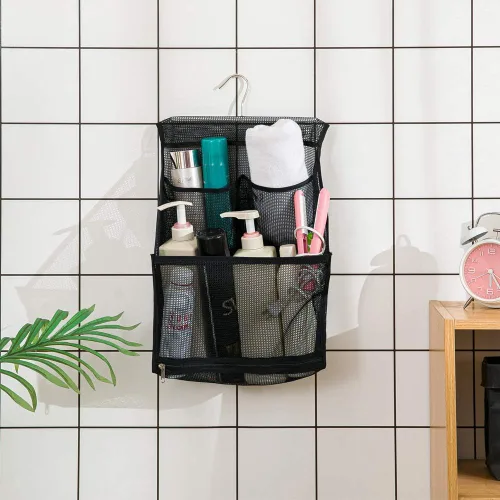 Vista 7 de ALYER Bolsa organizadora de juguetes de baño de malla colgante, organizador grande de almacenamiento para ducha con colgador duradero (negro)