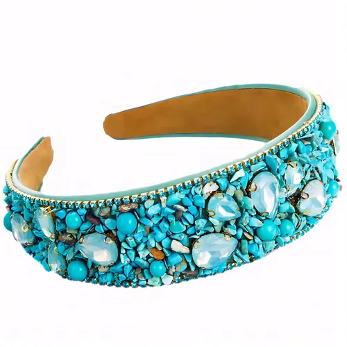 Vista 5 de Diademas turquesa para mujeres y niñas, banda ancha antideslizante para la cabeza, bandas para la cabeza con nudo superior, diadema de perlas de Azul