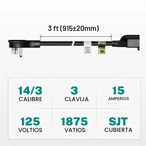 Vista 2 de FIRMERST 1875W Flat Plug Extension Cord 3 Feet 14 AWG 15A Black, UL Listed Negro