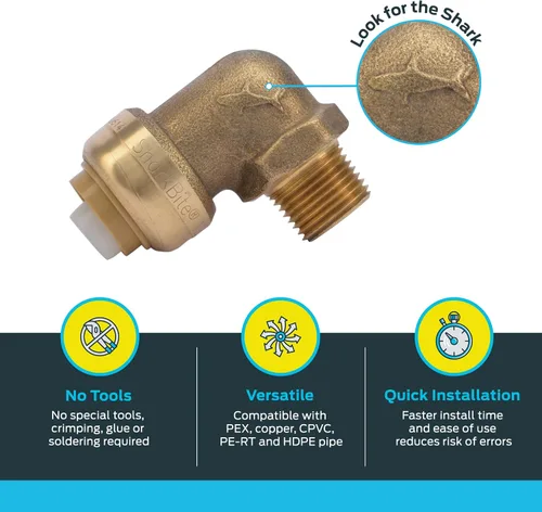 Vista 3 de SharkBite Codo de lavavajillas de 90 grados de 1/2 pulgada x 3/8 pulgadas, MNPT, empuje para conectar accesorios de plomería de latón, tubo PEX