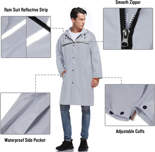 Vista 3 de Chaqueta de lluvia de seguridad larga con capucha para hombre, impermeable, poncho de emergencia