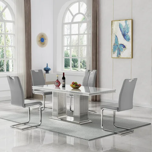 Vista 53 de 5 Piece Black Marble Dining Table Set for 4, Modern Faux Marble Kitchen Dining Room Tables with 4 Leather Chairs Set, 68.11" Luxury Rectangular