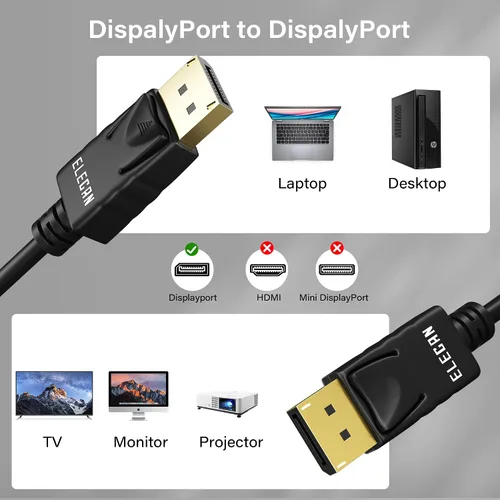 Vista 7 de Elecan Cable DisplayPort 1.2 4K con certificación VESA, paquete de 5 unidades, cable de puerto de pantalla de alta velocidad DP a DP macho a macho