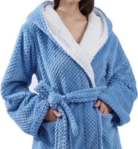 Vista 4 de Albornoz para mujer franela de panal con capucha para mujer ropa de dormir ligera y suave