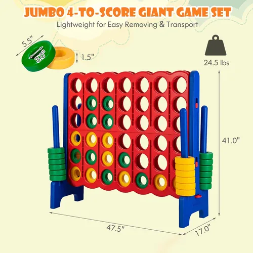 Vista 5 de HONEY JOY Juego gigante gigante de 4 a punta, juegos gigantes para patio al aire libre para la familia, 42 anillos jumbo y deslizador de liberación