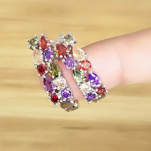 Vista 6 de Pendientes de aro para mujer, de lujo, esmeralda sintética, multicolor, circonita cúbica, para mujeres, adolescentes, niñas, cumpleaños, Navidad