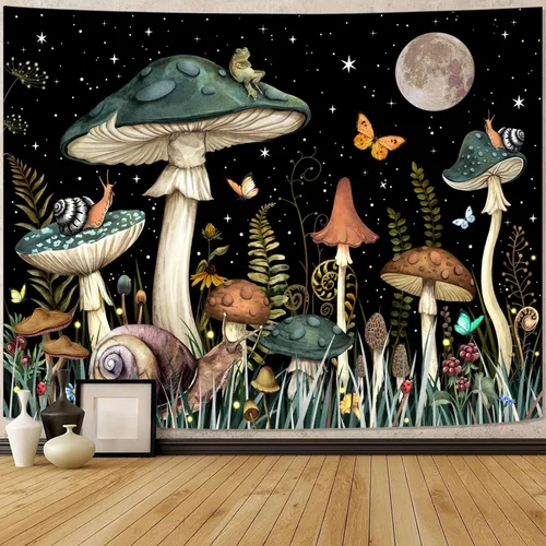 Vista 11 de Zussun Tapiz de hongo rojo, tapices de luna y estrella para dormitorio, estética de color beige, noche estrellada, planta verde, tapiz de pared
