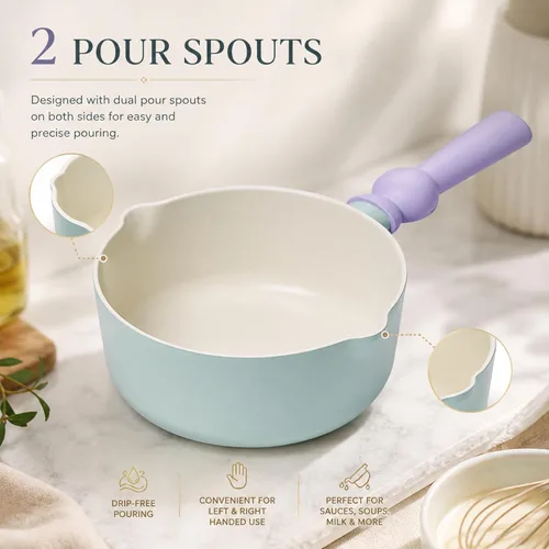 Vista 3 de Better Finger - Mini wok de 7 pulgadas con 2 boquillas de vertido, sartén para leche con revestimiento de cerámica antiadherente de 2.2 cuartos