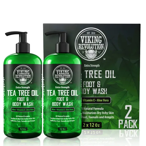 Vista 6 de Viking Revolution Jabón de gel corporal de árbol de té para hombres, ayuda al pie de atleta, picazón deportista, eccema y olores corporales - Aceite