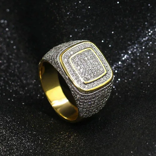 Vista 4 de JINAO - Anillo de oro de 18K ICED OUT, anillo de diamante simulado, banda Micropave para hombre