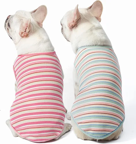 Vista 14 de Camisas para perros, chaleco de algodón a rayas, ropa elástica sin mangas para perros pequeños, paquete de 2 camisetas suaves y transpirables