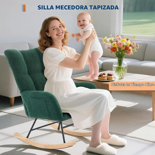 Vista 7 de Mecedora deslizadora tapizada con patas de madera para sala de estar, dormitorio, cuarto de bebé, incluye bolsillos laterales