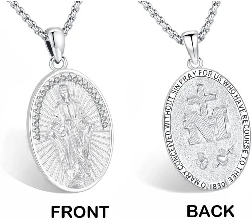 Vista 4 de Eusense - Collar con colgante de plata de ley 925 de San MiguelSan Benito para hombres y mujeres con cruz de Jesúsmedalla milagrosa de la Virgen