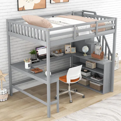 Vista 13 de Cama loft multifuncional de tamaño matrimonial con escritorio integrado, 6 cajones de almacenamiento y estante, marco de cama de madera con escalera