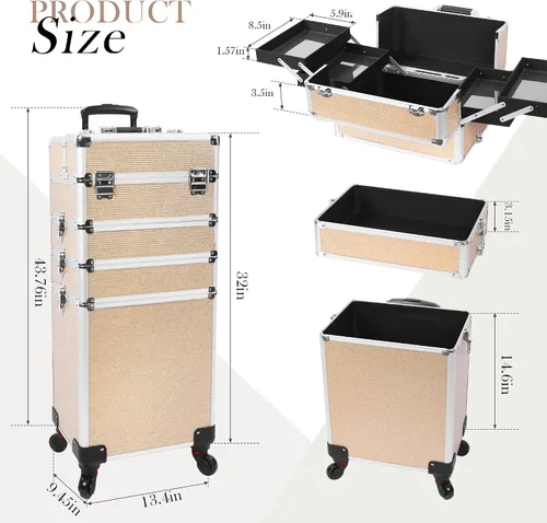 Vista 2 de Estuche de maquillaje profesional con ruedas, estuche de tren de maquillaje 5 en 1, carrito de maquillaje cosmético, estuche de cosmetología