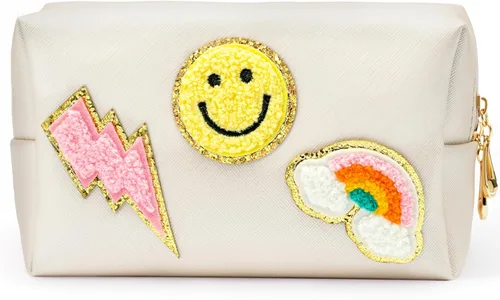 Vista 12 de LieToi - Bolsa de aseo pequeña con parche preparado, sonrisa, relámpago, corazón, arcoíris, de piel sintética, bolsa de maquillaje impermeable Azul