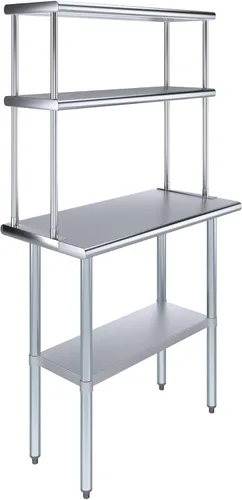 Vista 4 de Mesa de trabajo de acero inoxidable resistente aprobada por la NSF con estante inferior ajustable para cocinas, cuartos de servicio, almacenamiento